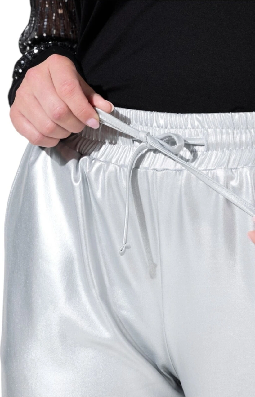 Mamayaga Kadın Beli Lastikli Parlak Büyük Beden Curve Yüksek Bel Spor Şık Pantolon Gümüş