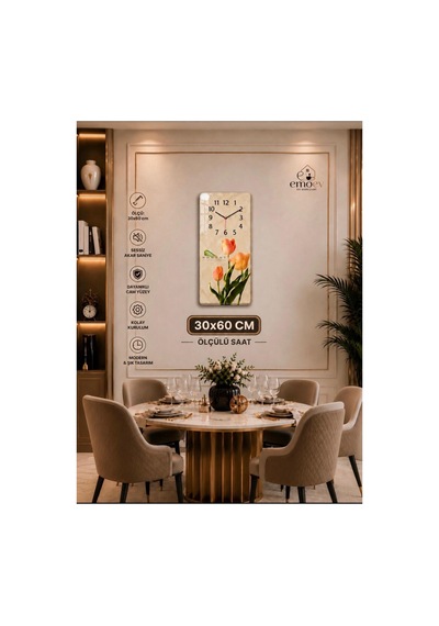 Duvar Saati Sessiz Akar Saniyeli Cam Modern Dekoratif Saat 30x60 Bej Bej