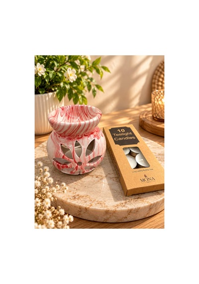 Mermer Desenli Seramik Buhurdanlık Ve 10 Lu Tealight Mum /bej Turuncu Bej-krem
