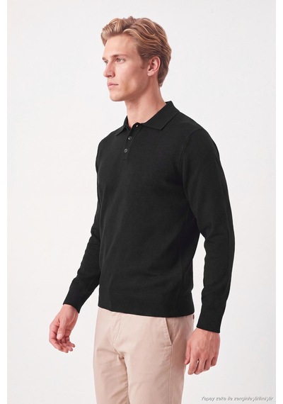 Buratti Pamuklu Regular Fit Düğmeli Uzun Kollu Polo Erkek Polo 7024733 Siyah