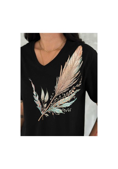 Cassime Kadın Büyük Beden Omzu Yaprak Pul Payet Nakışlı Tişört Xl-2xl-3xl Siyah
