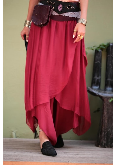 Bohem Stil Kadın Asimetrik Kapaklı Ipek Şalvar Pantolon-8775 Bordo