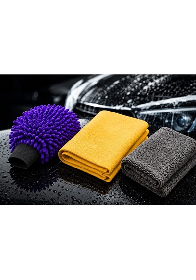 Muggio 3 Lü Profesyonel Oto Temizlik Seti Mikrofiber Eldiven + Güderi Bez + Tank Oto Bezi