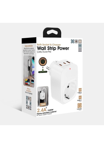 Lexroo Akım Korumalı Priz 1x Priz, 2x Type-c, 1x Usb Port Çıkışlı Tekli Beyaz Diğer