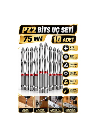 Pz2 Yıldız Bits Uç Seti 75 Mm 10 Adet S2 Çelik 1/4 İnç Altıgen Şaftlı Tornavida Vidalama Ucu