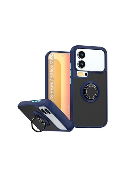 Xiaomi 17 Pro Max Uyumlu Kılıf Yüzüklü Standlı Extra Darbe Koruma Sert Silikon Kapak -lacivert Lacivert