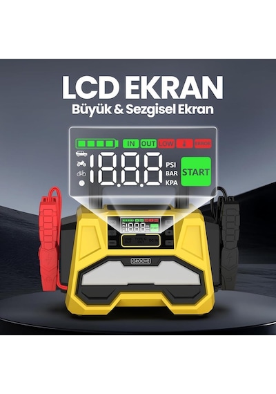 Groove F05 42000mah 8000a Akü Takviye Cihazı +lastik Şişirme Kompresörlü Taşınabilir Jump Starter+pd 30w Hızlı Şarj Kompresör+powerbank+led Lamba+lcd Ekran
