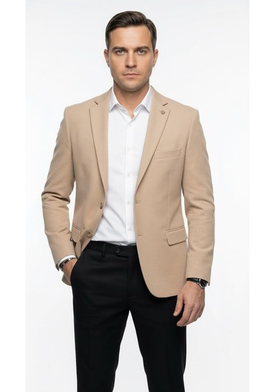Plus Scorpion Erkek Slim Fit Ceket Likralı Fitilli Kumaş, Çift Düğmeli Tek Yırtmaçlı Modern Tasarım Krem