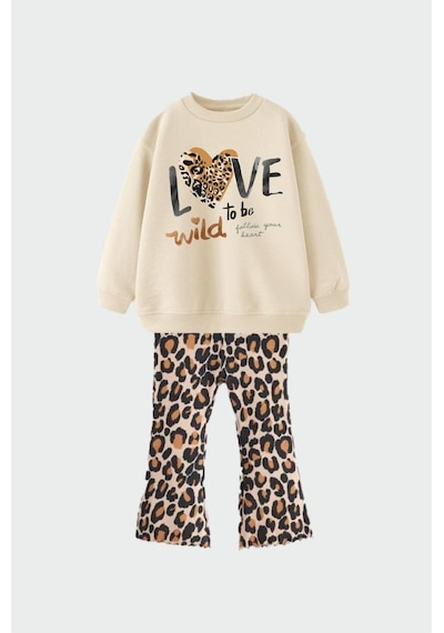 Lolliboomkids Kız Çocuk Love Leopar Baskılı İspanyol Paça Tayt Alt Üst Takım 3 İplik Taş