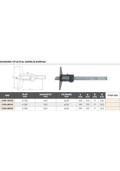 Fett 0-200mm Pld Ekonomik Tip Dijital Derinlik Kumpası