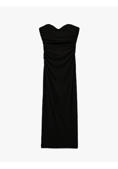 Koton Drapeli Kolsuz Slim Fit Bodycon Midi Straplez Abiye Elbise Siyah 6sak80067fk Siyah