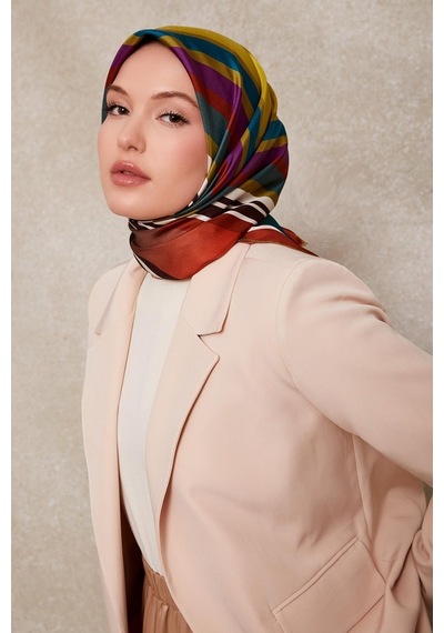 Levidor Kare Desenli Twill İpek Eşarp-0920 Petrol Mavisi
