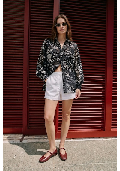 Sateen Nakış Detaylı Gömlek - Siyah-137497
