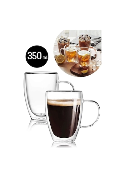 6'lı Çift Camlı 350 Ml Çift Cidarlı Cam Kupa Ev Ofis Fincanı Çift Katlı Isı Yalıtımlı Kulplu Bardak