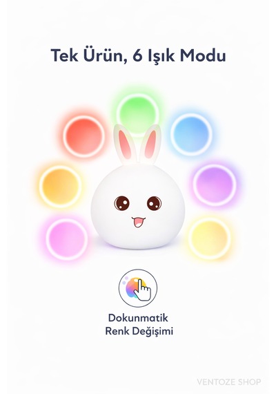 Dokunmatik Sevimli Tavşan Gece Lambası Şarjlı, Renk Değiştiren Silikon Çocuk Odası Masa Lambası