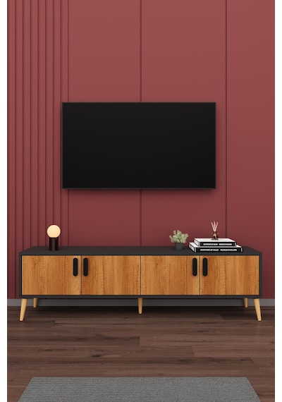 Asra Trend Tv Ünitesi T-05 %100 MDF 160 cm Tv Sehpası 4 Kapaklı Raflı Petra-Koyu Gri