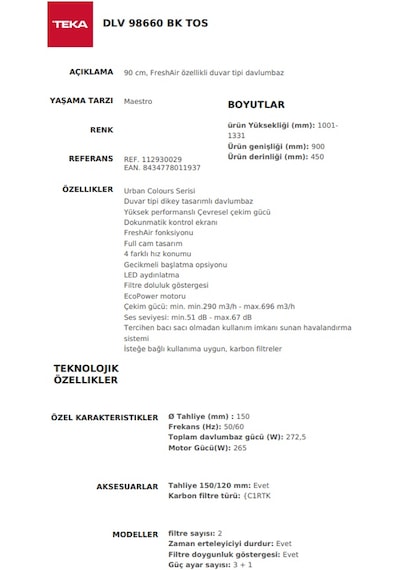 Teka DLV 98660 BK Duvar Tipi Davlumbaz 112930029
