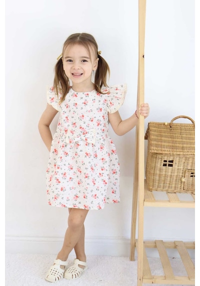 Esila Kids Kız Çocuk Elbise Bayramlık Elbise Çiçek Desenli Fiyonk Detaylı Büzgülü Kollu 3-6 Yaş Kırmızı