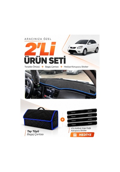 E-biz Kia Rio Pride 2005-2011 Uyumlu Torpido Örtüsü + Tay Tüyü Bagaj Çantası - Siyah-mavi - Kı012