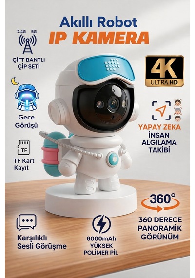 4k Akıllı Robot Kamera 360 Takip, Gece Görüşlü, Wifi Güvenlik