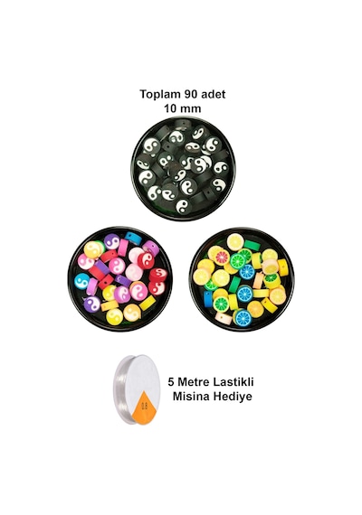 90 Adet 10 Mm Polimer Kil Fimo Boncuk Takı Bileklik + 5 Metre Misina Hediye - Yin Yang - Yin Yang - Limon