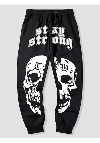 Guys Letter Skull Graphic Drawstring Waist Eşofman Altı Siyah