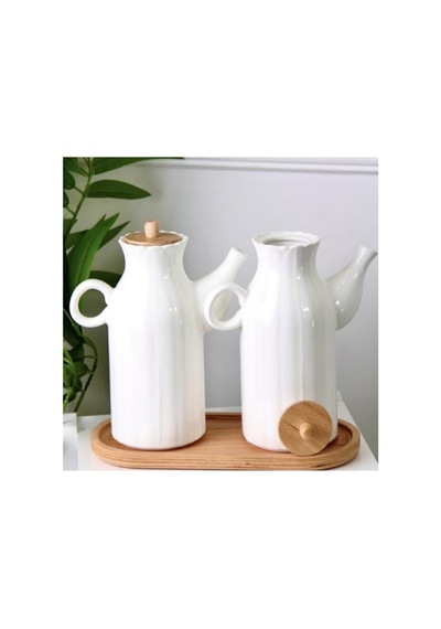 2 Adet Herbiri 1000ml Porselen Yağdanlık Ve Bambu Altlık Stand 3'lu Yağdanlık Sirkelik Set Beyaz Beyaz