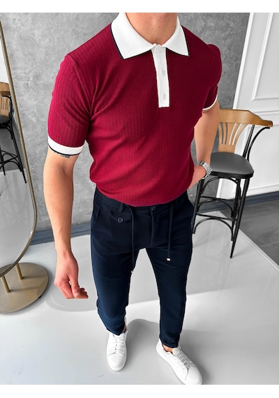 Modefendi Yüksek Kalite Desenli Polo Yaka Tshirt Bordo