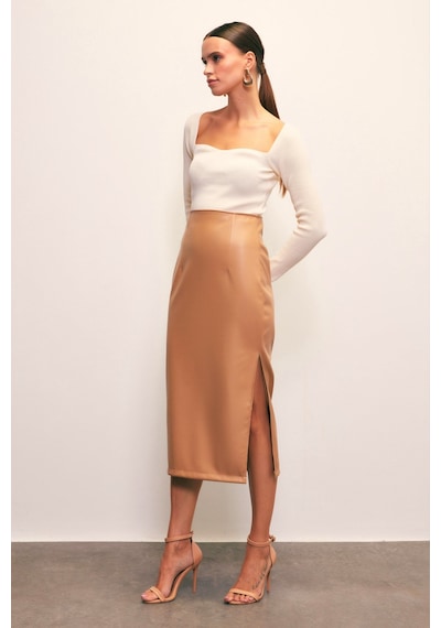 Sateen Yan Yırtmaçlı Deri Etek - Camel