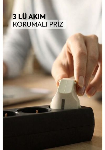 Walke Akım Korumalı Anahtarlı Kablolu Üçlü Grup Priz Siyah 3 Metre Siyah