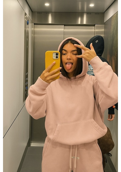 Benroma 3 İplik Penye Kapüşonlu Oversize Sweat Pembe