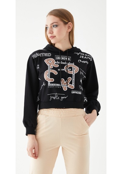 Siyah Baskılı Kapüşonlu Sweatshirt-l Siyah