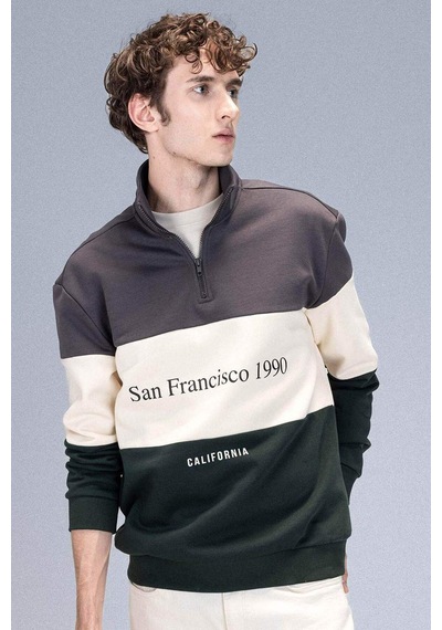DeFacto Relax Fit Dik Yaka Fermuarlı Baskılı Kalın Sweatshirt D2562AX24AUAR63