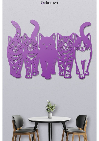 Kedi Çetesi Beşli Kedi Silüeti Metal Duvar Dekoru - Metal Duvar Sanatı - Mor - 50 X 35 Cm