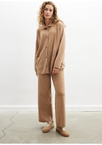 Peraluna Denise Cardigan Polo Yaka Geniş Kesim Pamuk - Yün Kadın Triko Hırka - Camel