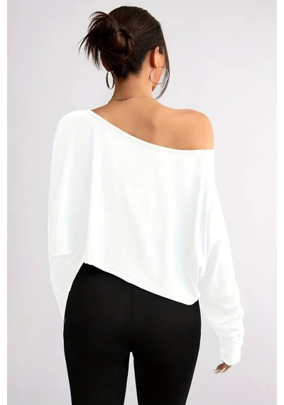Kadın Düşük Omuz Kayık Yaka Oversize Uzun Kollu Crop T-shirt Beyaz