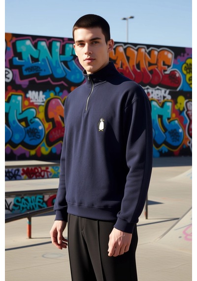 Benerly Erkek Dik Yaka Standart Kol Selanik Oversize Kalıp Sweatshirt Fon Lacivert