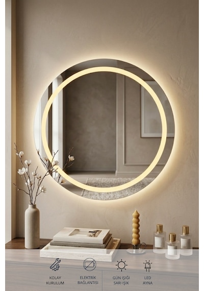 60 Cm Kumlamalı Led Ayna, Banyo, Antre, Salon, Dekoratif Gün Işığı Duvar Aynası