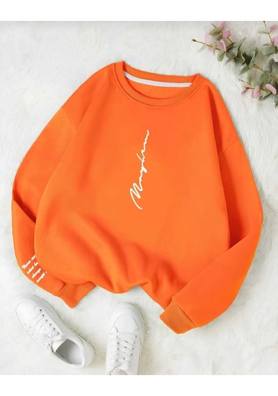 Kozia Outdoors Never Baskılı Oversize Unisex Bisiklet Yaka Sweatşhirt Turuncu Turuncu