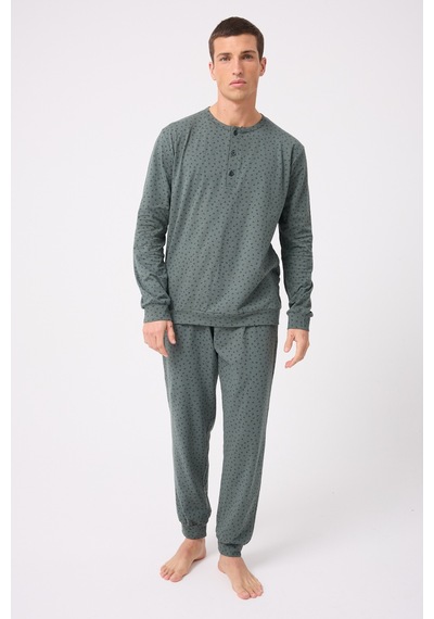 L'espadon Oceanripple Premium Örme Pamuk Uzun Kollu Henley & Uzun Pantolonlu Erkek Pijama Takımı-3223 Gri