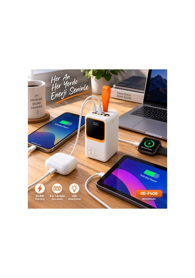 80000 Mah 22.5w Hızlı Şarj Powerbank 6 Çıkışlı Dahili 3 Kablolu Led Fenerli Dijital Göstergeli- Re-f408 Diğer