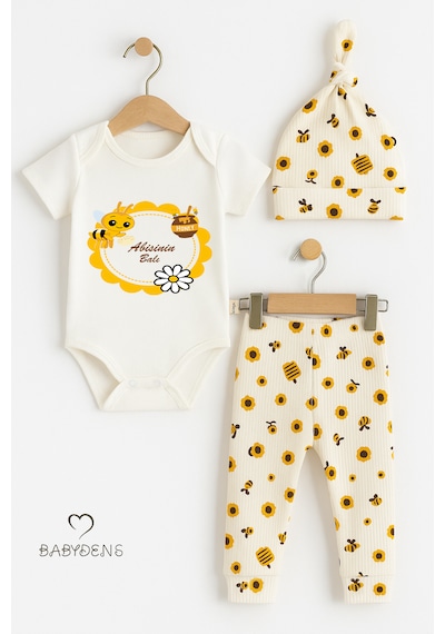 Babyden's Abisinin Balı Yazılı 3 Lü Bebek Takımı Kısa Kollu Çıtçıtlı Body, Arı Desenli Fitilli Pantolon, Bere Ekru
