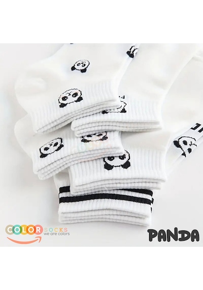 5 Çift Beyaz Panda Desenli Yarım Kolej Kadın Çorap Seti Beyaz