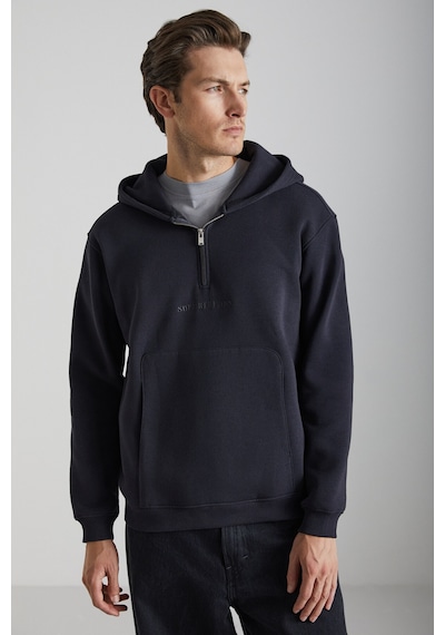 Grimelange Pavle Erkek Kapüşonlu Kanguru Cepli Fermuar Yakalı Siyah Sweatshirt
