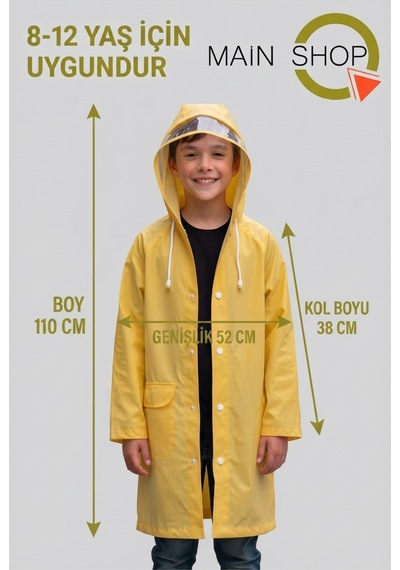 Mainshop Çocuk Sarı Su Ve Rüzgar Geçirmez Siperlikli Kapüşonlu Çıtçıtlı Cepli Yağmurluk 8-12 Yaş