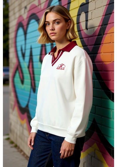 Benerly Kadın Polo Yaka Düşük Kol Örme Sweatshirt Fonksiyonel Dayanıklı K Ekru