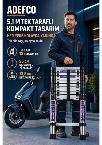 13 Basamak Paslanmaz Çelik Teleskopik Merdiven 5.1 Metre Katlanabilir Uzayan Merdiven -