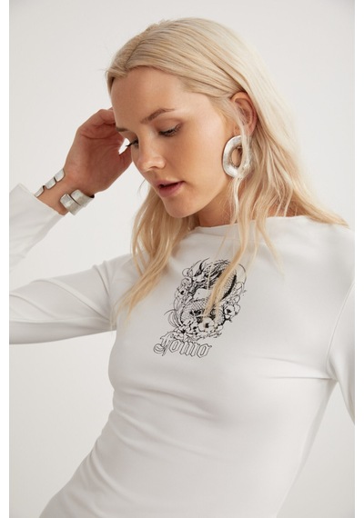 ETHIQUET ZOWI Kadın Baskı Detaylı Slim Fit Dar Kalıp Uzun Kollu Bisiklet Yaka Beyaz T-Shirt