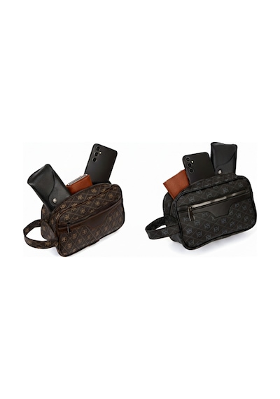 Newish Polo Erkek Desenli Siyah Ve Kahverengi Portföy-clutch Traş/makyaj Ve El Çantası Günlük, Seyahat 2 Adet Çok Renkli