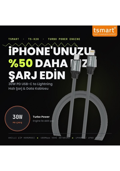Tsmart TS-K20 20 W USB-C To Lightning Hızlı Şarj Kablosu